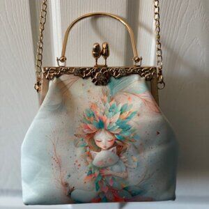 NWOT Satin whimsical print with girl and cat Crossbody Purse Bag Novelty